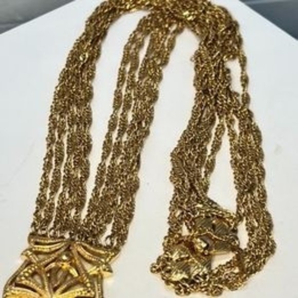 Vtg D'ORLAN Etruscan revival fringe tassel gold tone necklace 70's 26" - Picture 9 of 10